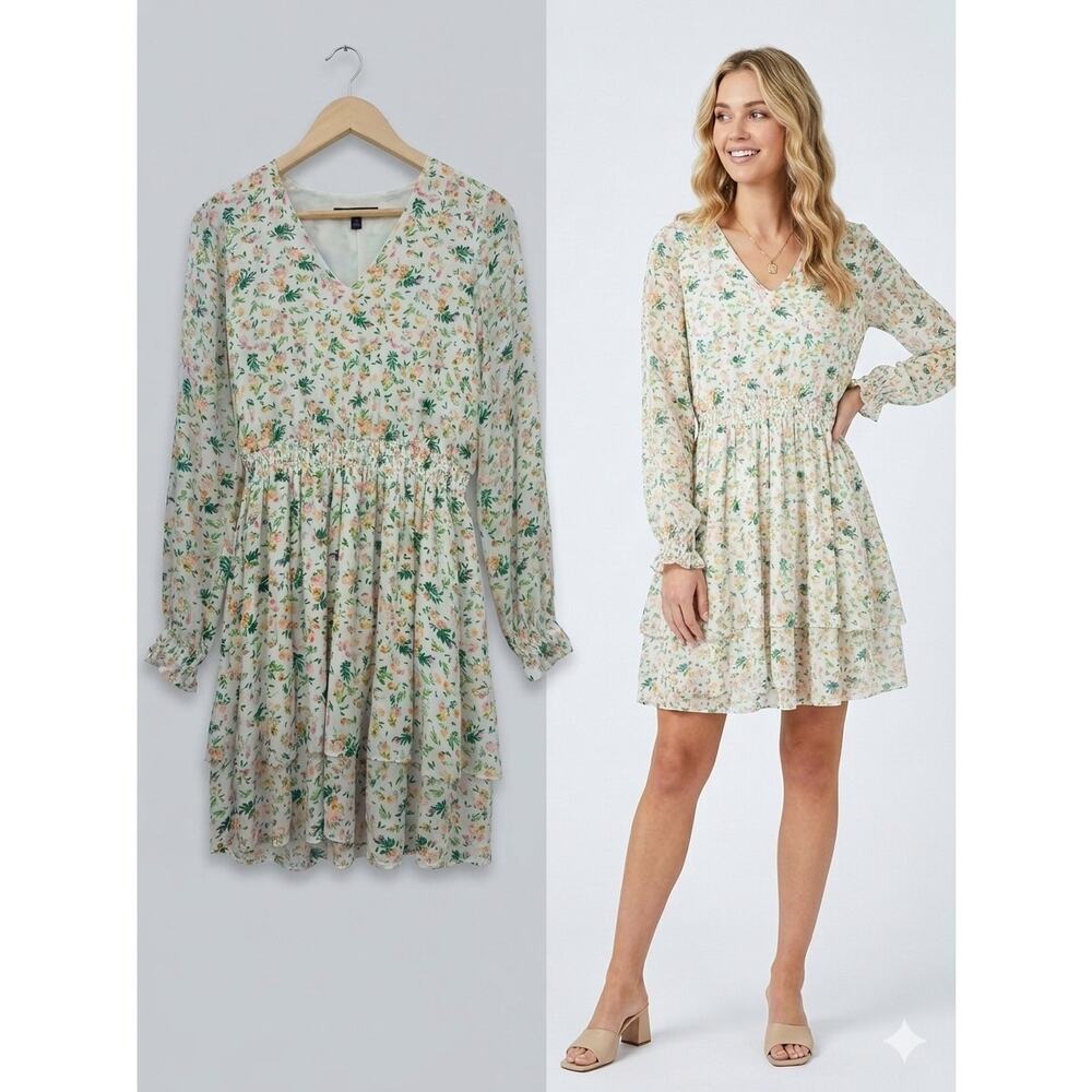 Banana Republic V-Neck Floral Tiered Mini Dress Size Small
